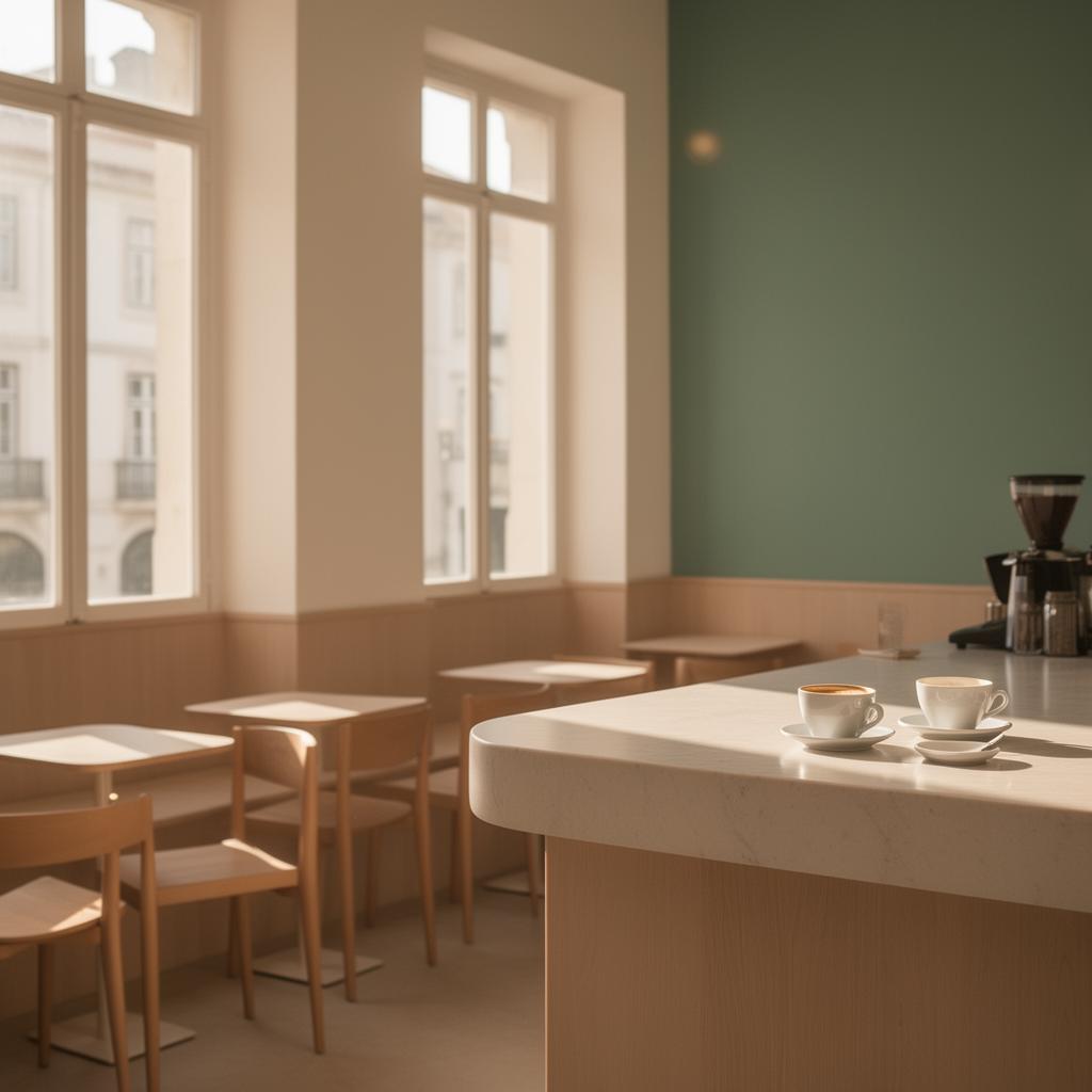 Sunlit minimalist Lisbon café interior